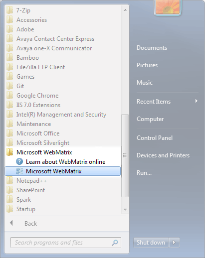 launch Webmatrix from Start menu