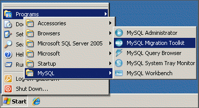 Click Start, Programs, MySQL, MySQL Migration Toolkit to open the toolkit.