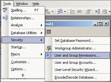 From the Tools menu, click Security and select User and Group Permissions.